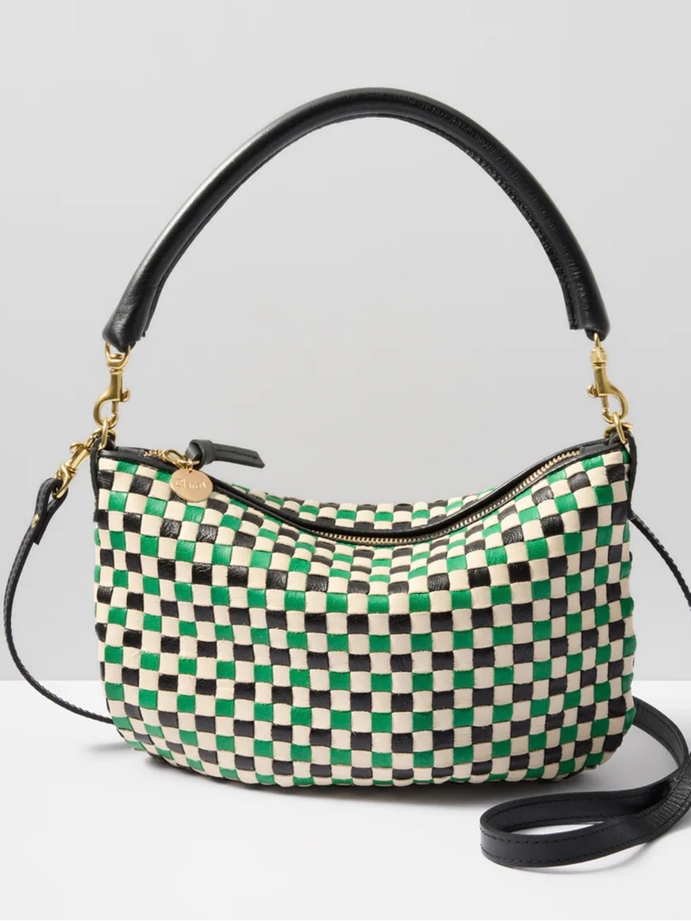 Clare V. Petit moyen messenger in green apple multi woven check